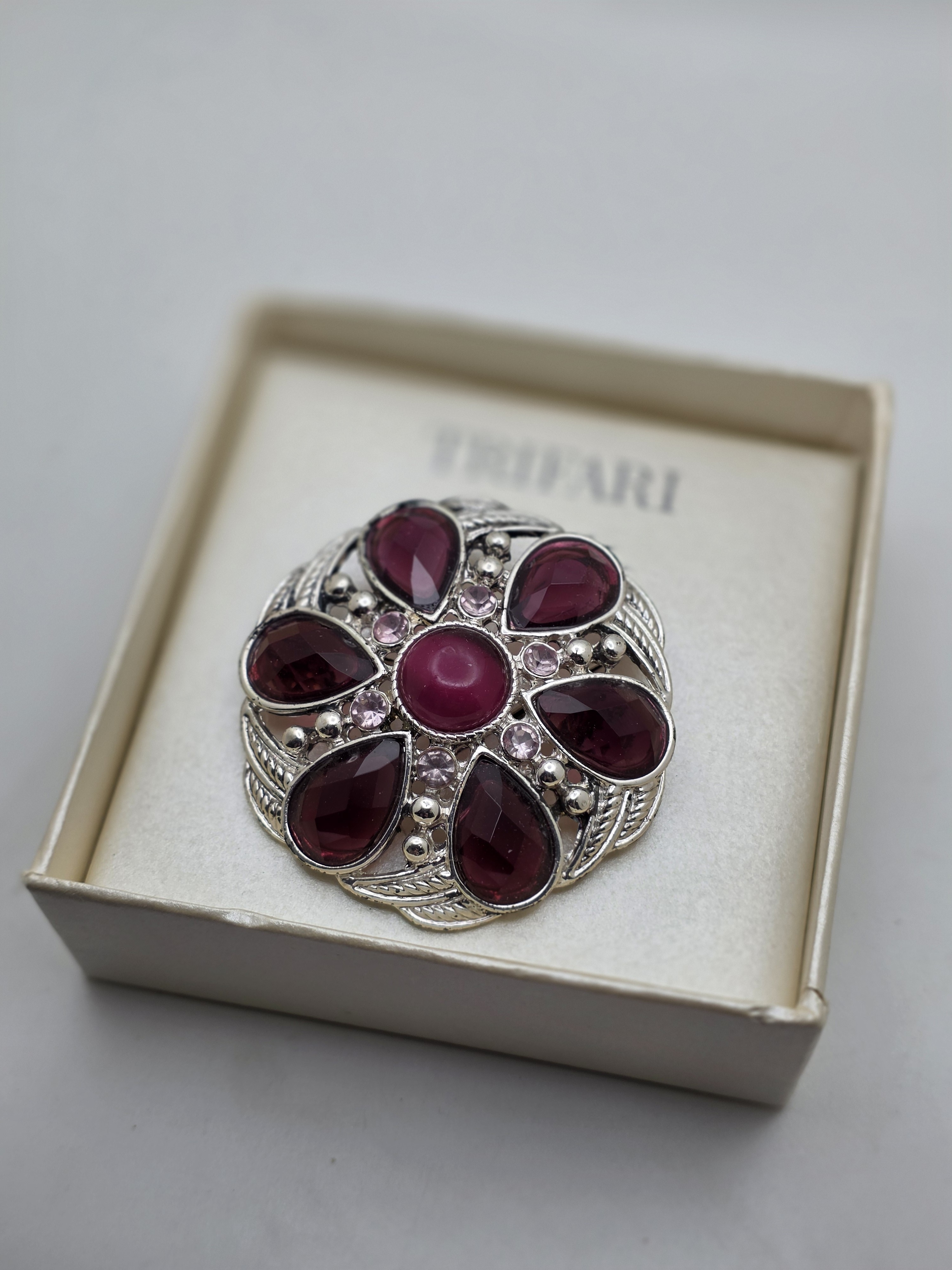 Trifari Purple Gem Floral Brooch - Silver Tone